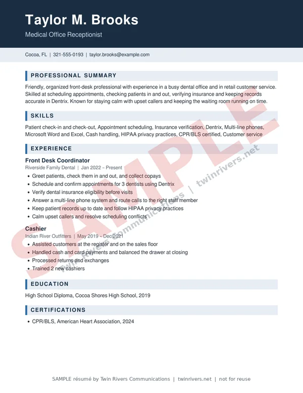 Sample Modern résumé: navy name banner with clean sections, watermarked SAMPLE